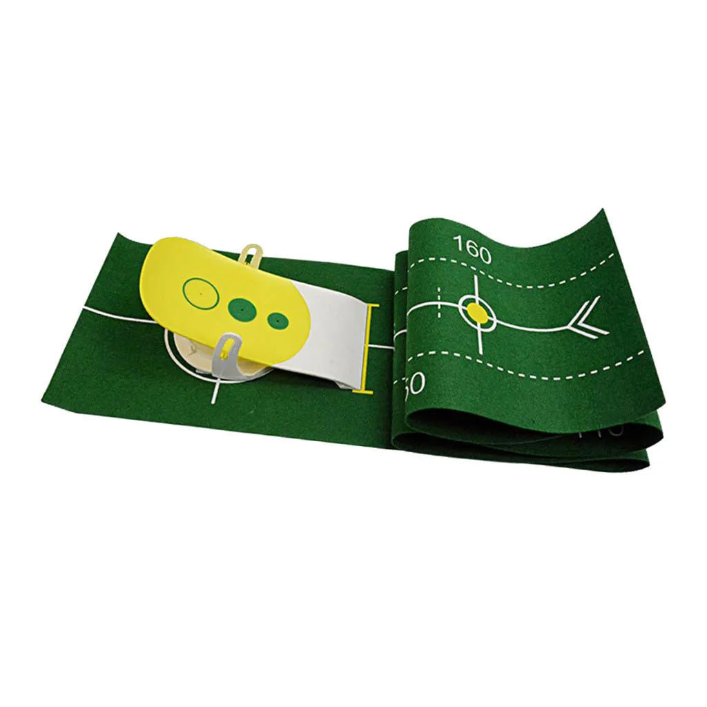 Precision putter exerciser on a green non-woven blanket with a 27cm simulator target for indoor golf practice