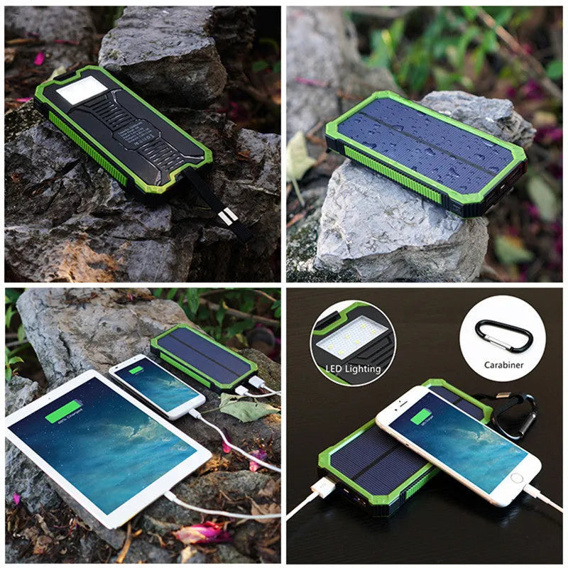 Solar power bank in orange, green, black or yellow with polymer lithium battery and compact plastic housing