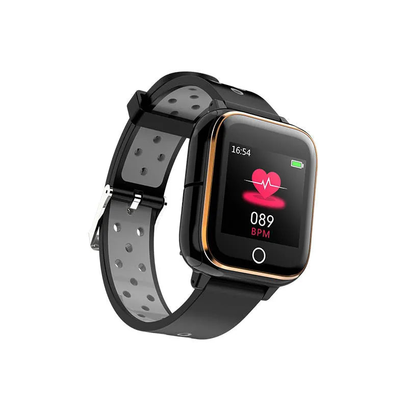 Black smartwatch with integrated Bluetooth earbuds stored in the wristband, showing a heart rate reading on its screen.