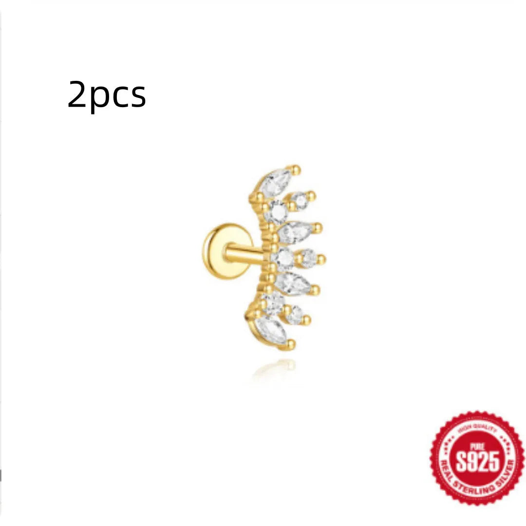 S925 sterling silver flat spiral water drop earrings for piercings in a gold colour.