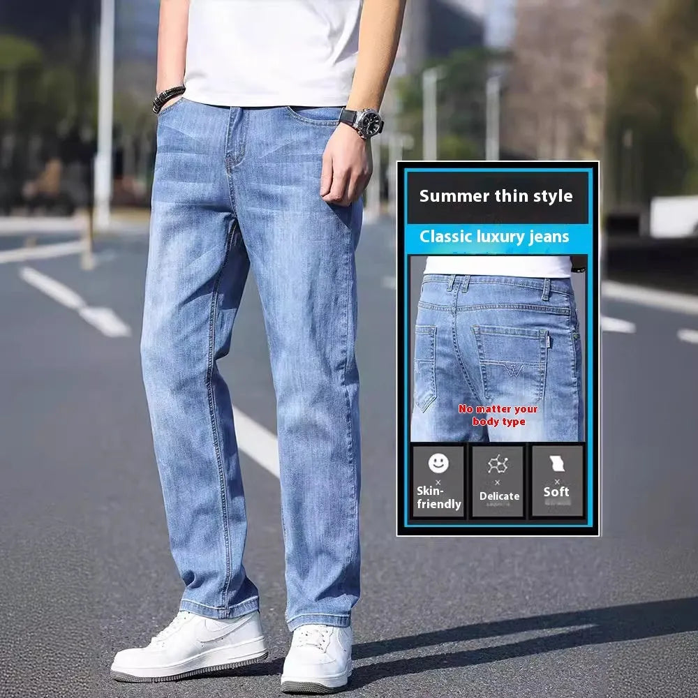 Tapered thin stretch denim trousers for business casual wear in light blue