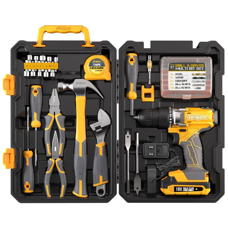 Grey yellow US-style toolbox open to show 82-piece chrome-vanadium steel home repair tool set.