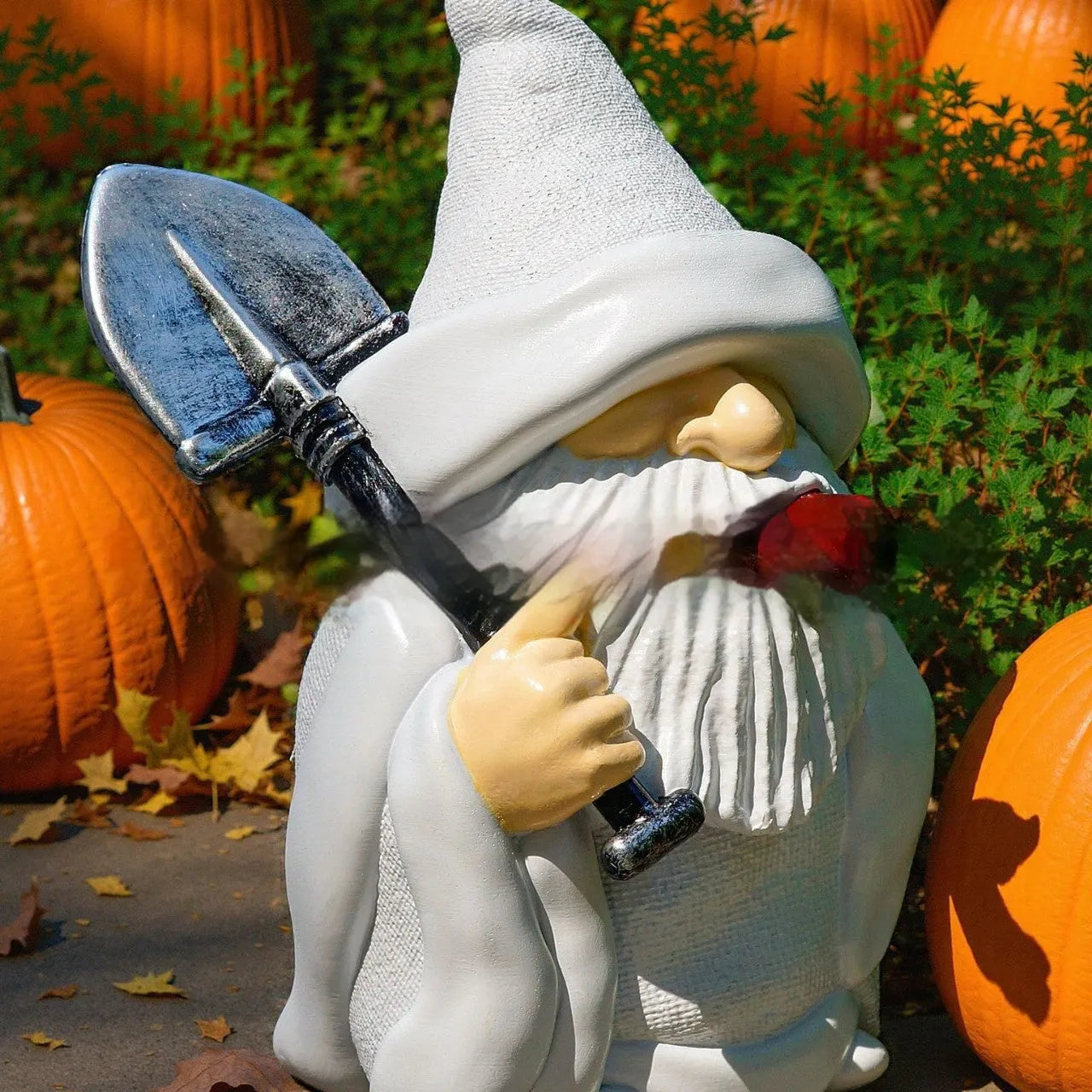 Christmas resin ornament featuring pipe dwarf character with smoking shovel for garden or indoor holiday decoration