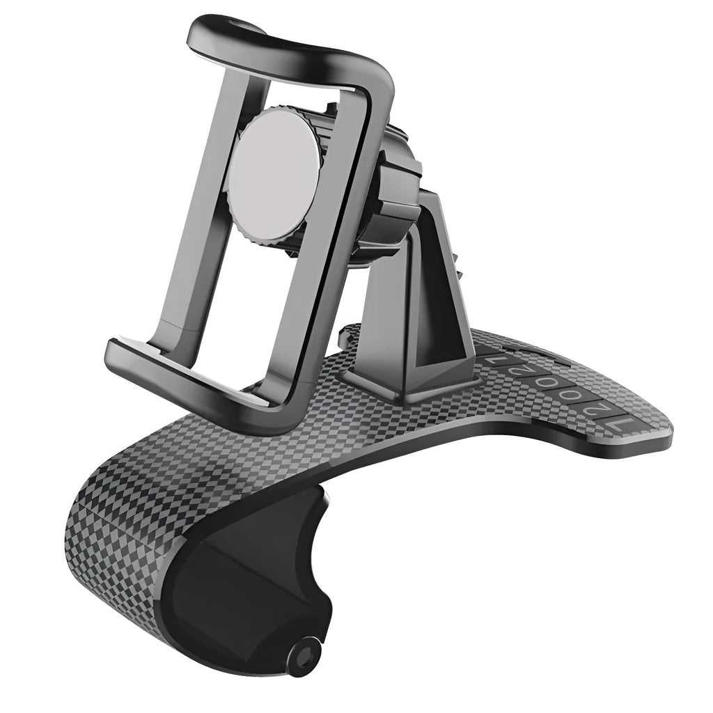 Black 360-degree rotating adjustable car phone holder mounted on a dashboard