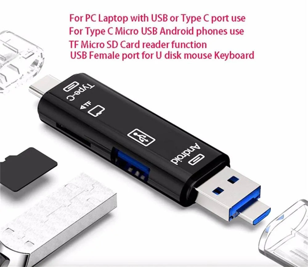 Black USB Type-C and Micro USB OTG adapter with TF card reader slot and USB port