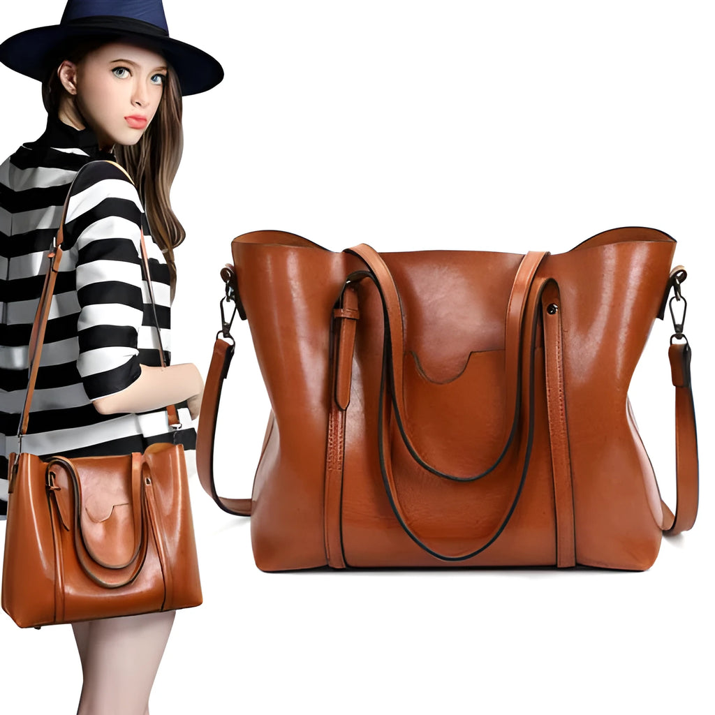 Brown retro women's messenger bag with shoulder strap, showing large main compartment.