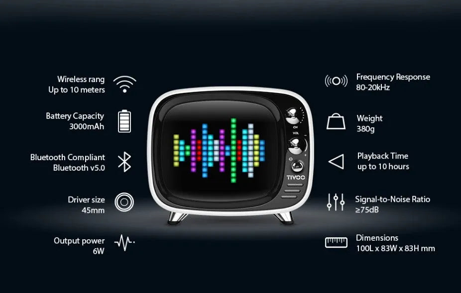 Portable Bluetooth speaker and alarm clock unit in one of six colour options: black, blue, green, pink, red, or white.
