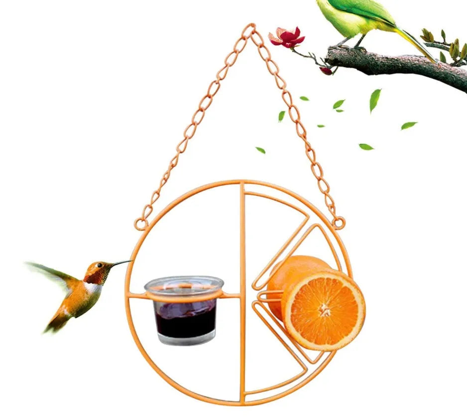 Hanging metal bird feeder in orange colour, iron construction, 20x7x20 cm, with open top hook for outdoor hummingbird feeding