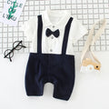 Cotton baby bow gentleman climbing suit with buckle closure short sleeves in thin style