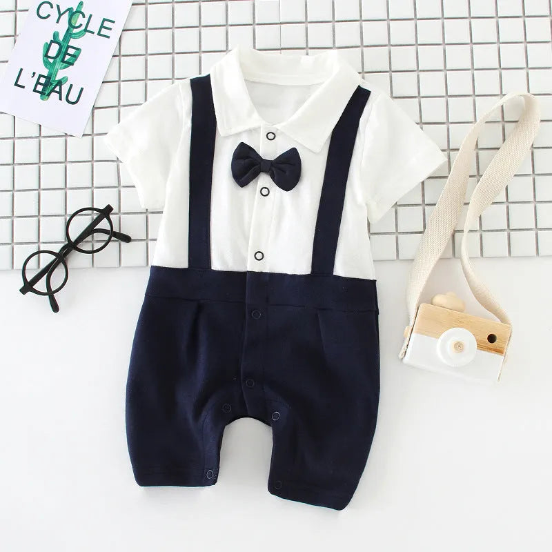Cotton baby bow gentleman climbing suit with buckle closure short sleeves in thin style