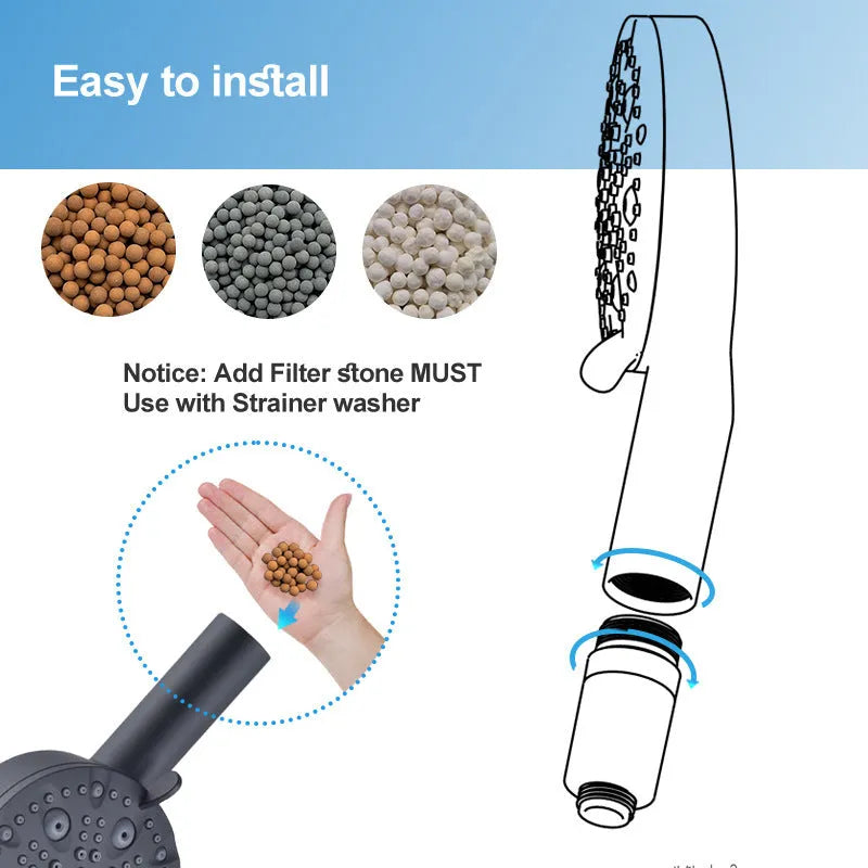 Matte black handheld shower head set with filter, hose, and bracket, 0-100°C, ABS