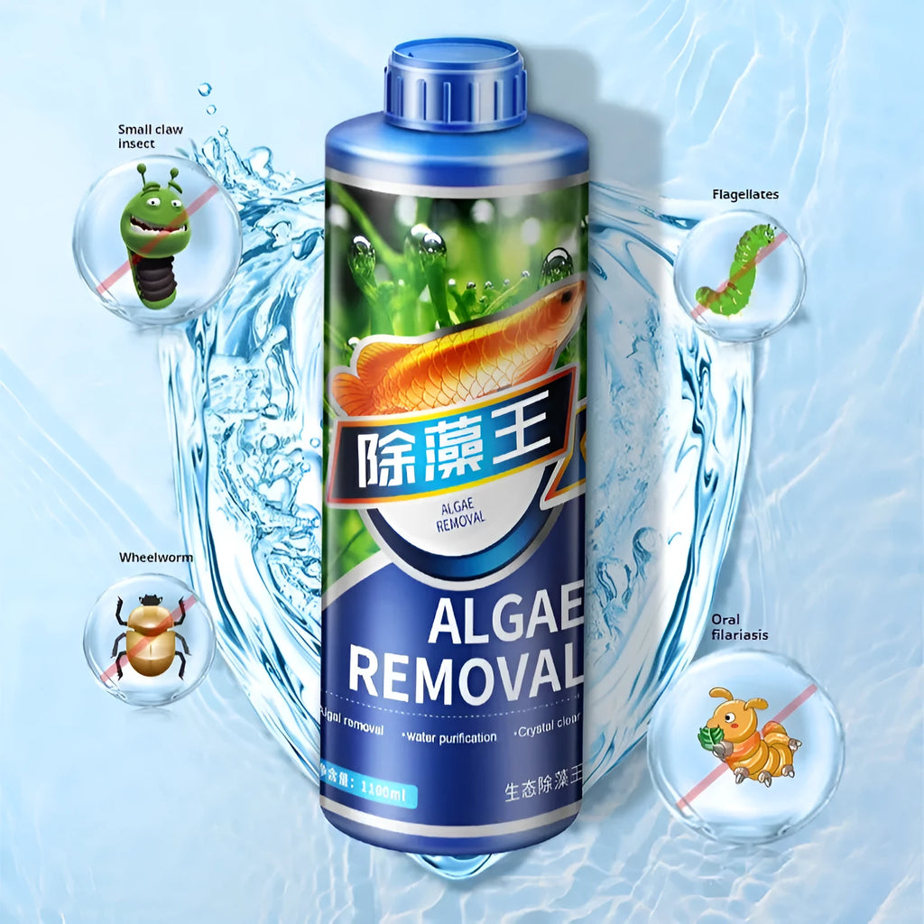 Bottle of eco-friendly algaecide for fish tanks and ponds, labelled for green algae removal and antibacterial use.