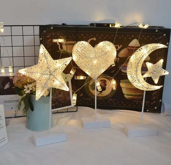 Rattan ball table lamp with flashing LED lights in love heart, star, or moon shape.