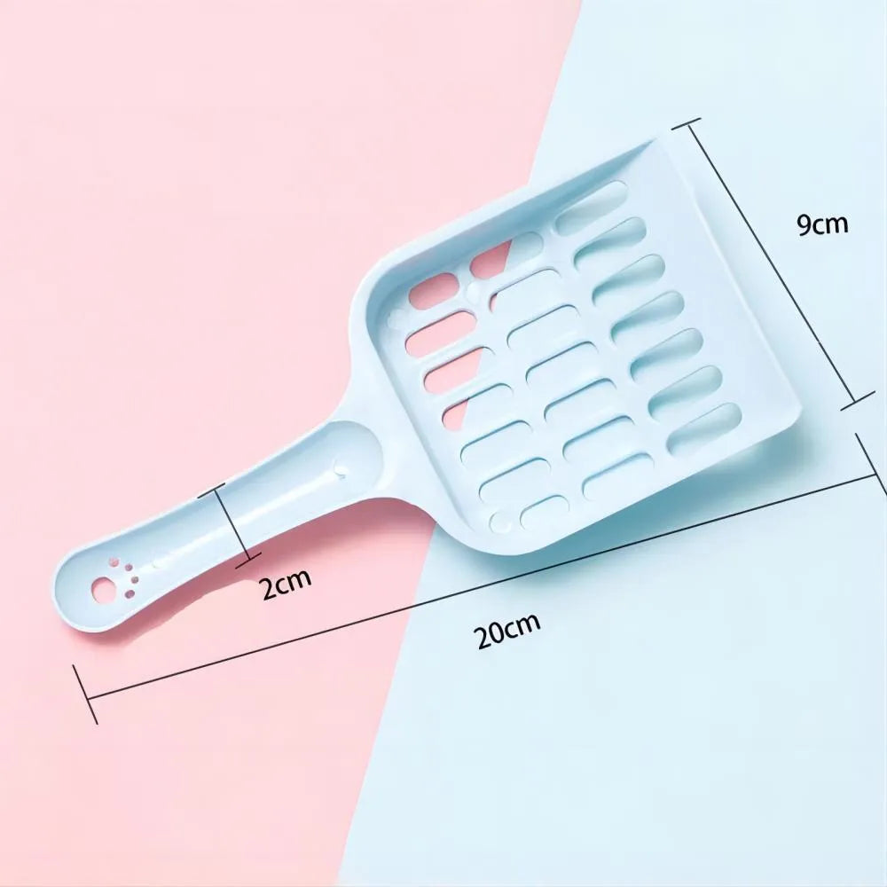 Plastic cat litter scoop in blue, green or pink colours showing 20cm length and litter sifting design