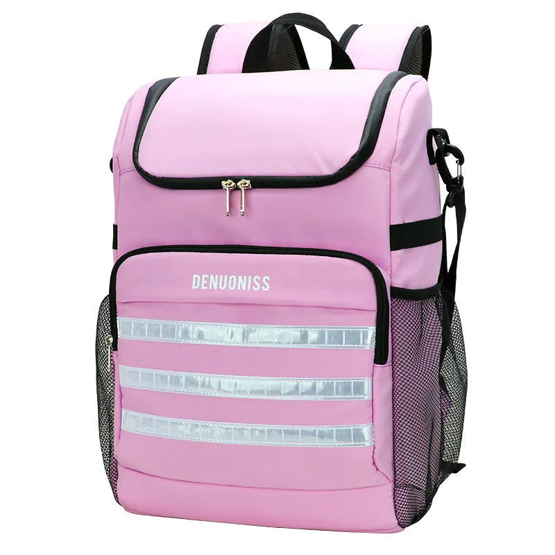 Insulated 20 litre backpack with a shoulder strap mounted bottle opener in black, blue, pink, or red.