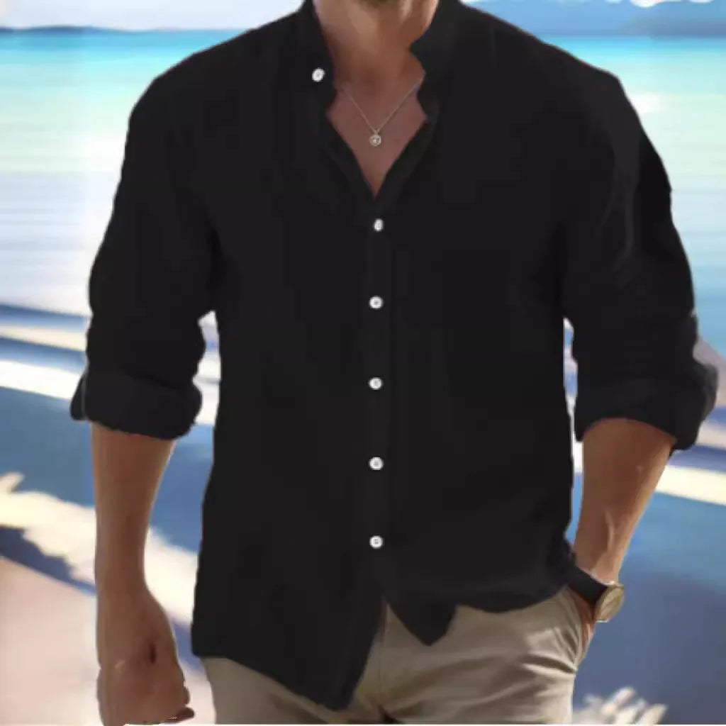 Men's light blue long-staple cotton casual button shirt on a hanger