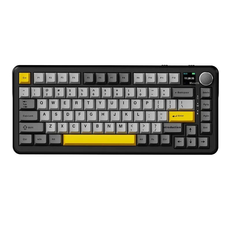 Three-mode wireless mechanical keyboard with hot-swap in black, grey and yellow colour scheme