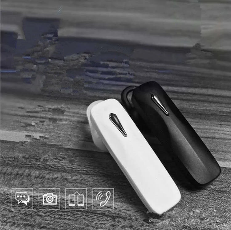 M163 Bluetooth car headset in black and white colour options on a car dashboard