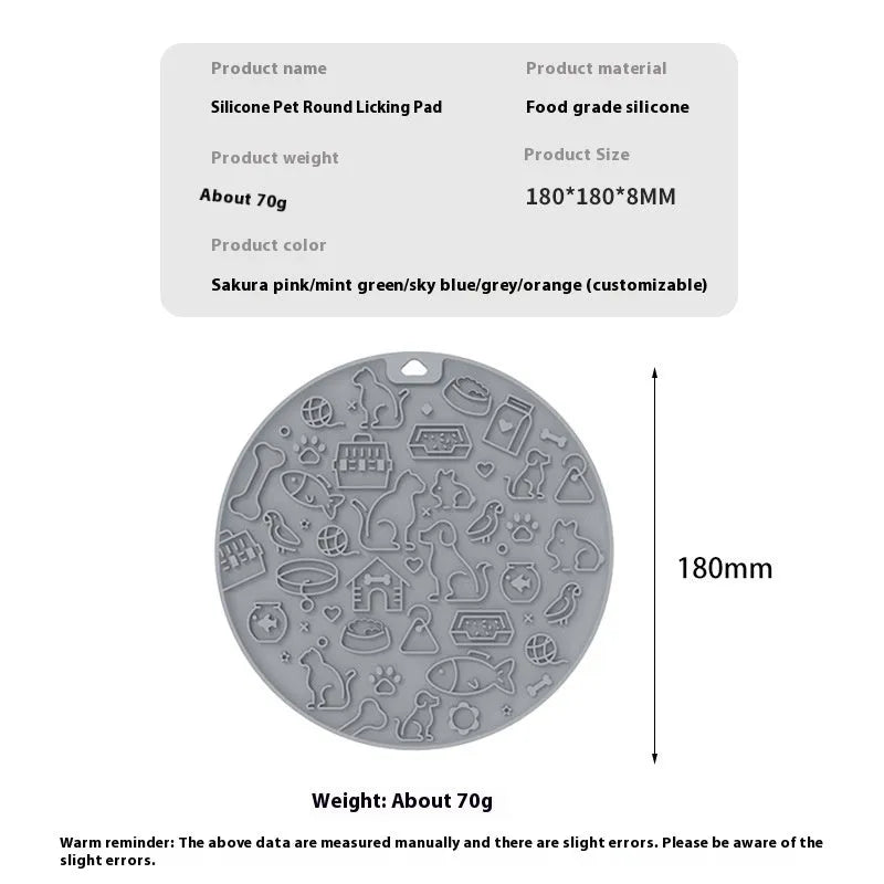 Round blue silicone pet licking mat with textured surface and a clear sucker base on the bottom.