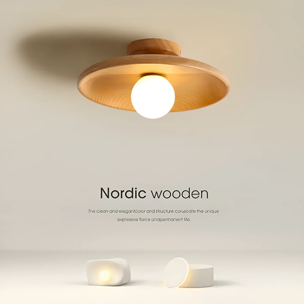 Solid wood ceiling lamp with glass shade in wood colour and walnut colour options