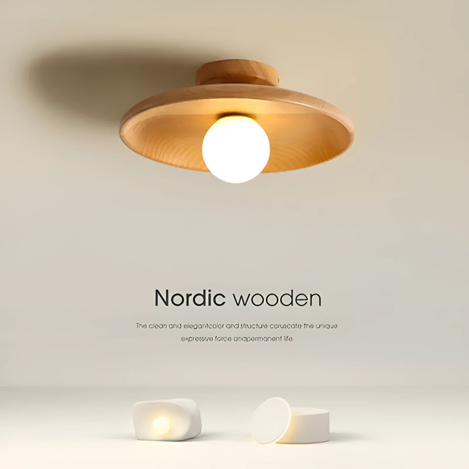 Solid wood ceiling lamp with glass shade in wood colour and walnut colour options