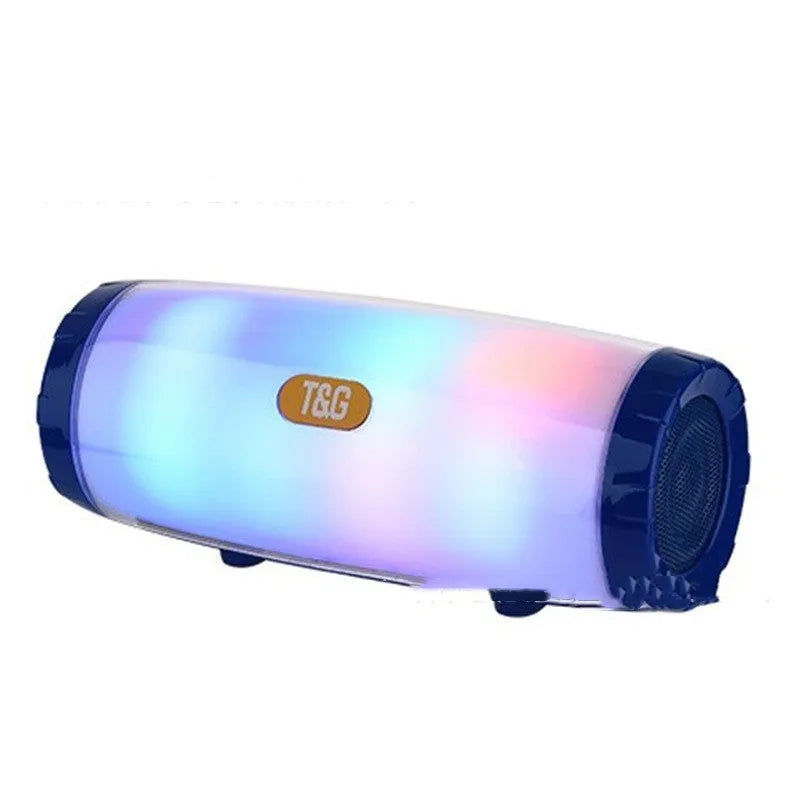 Portable Bluetooth speaker with LED lighting in blue colour showing front controls and dimensions