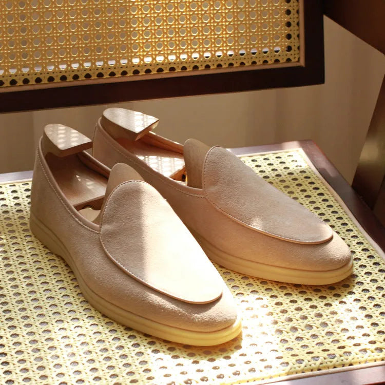 Men's genuine leather loafers in beige, shown in a low-top design with a TPR sole.