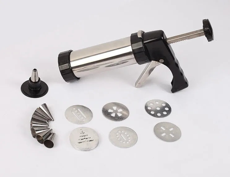 Stainless steel biscuit press cookie machine with 13 metal moulds and 8 piping nozzles in a colour gift box for home baking.