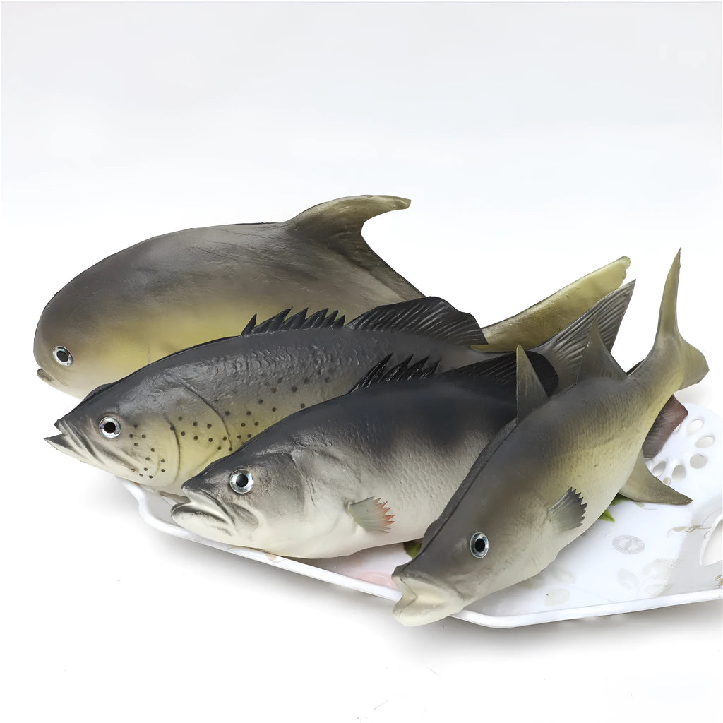 Three PU simulated fish ornaments: yellow-fin tuna, flower fish, and yellow croaker