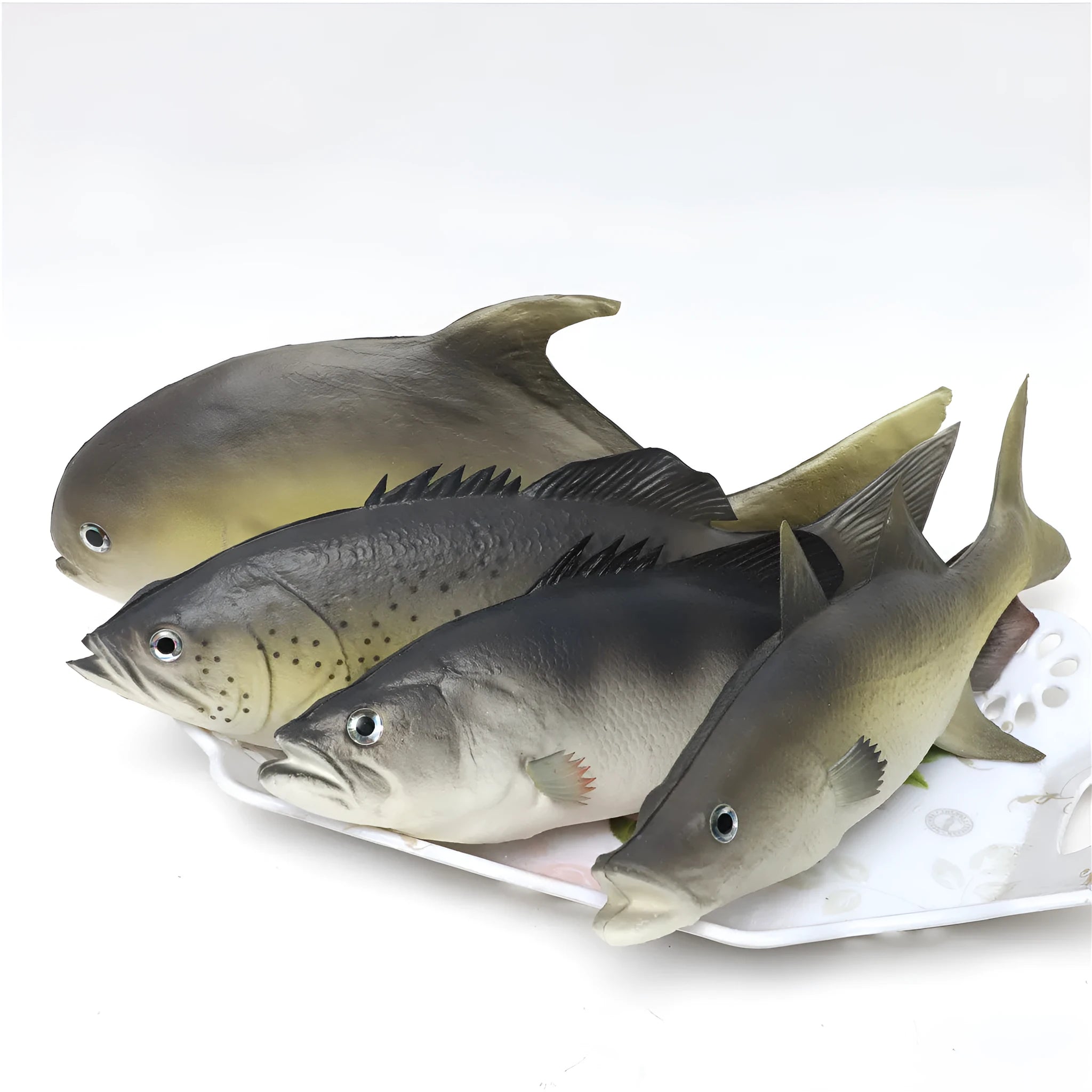 Three PU simulated fish ornaments: yellow-fin tuna, flower fish, and yellow croaker