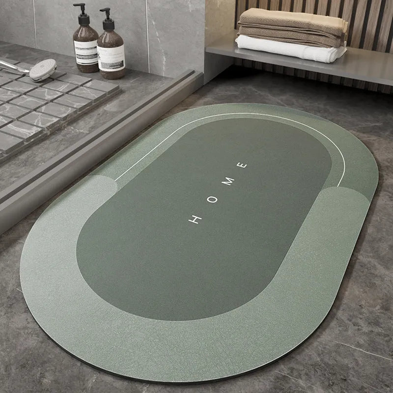 Blended bathroom floor mat in oval and rectangle shapes, Baikal colours blue light grey green dark grey
