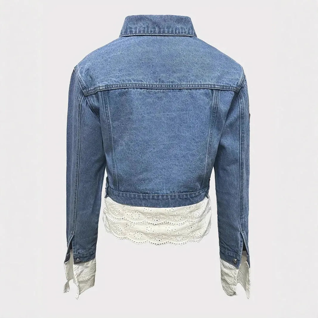 Blue denim jacket for women with lace stitching detail on the front, long sleeves.