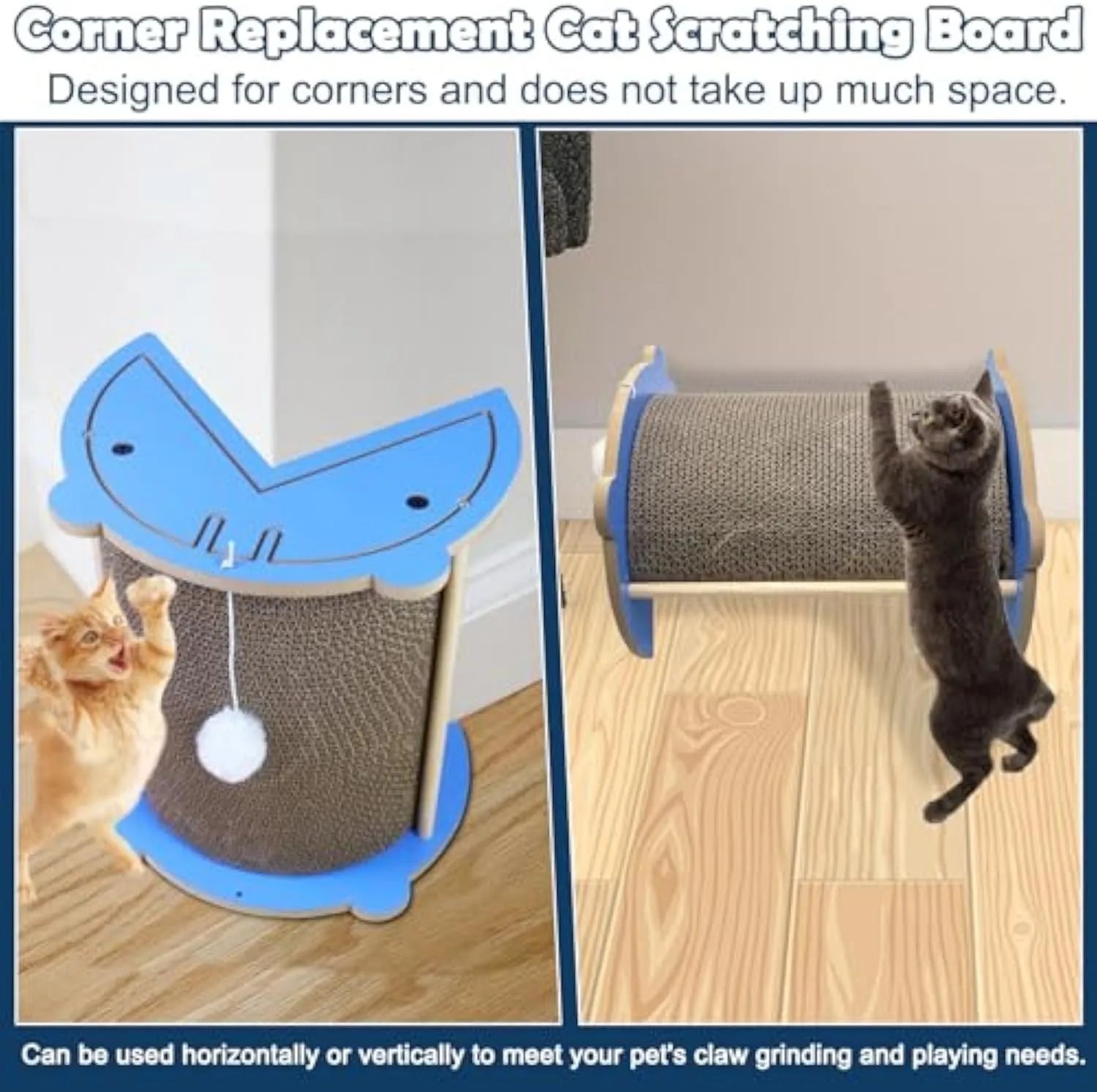 Grey corner-shaped cardboard cat scratching post with a white hanging ball, shown placed in a room corner.