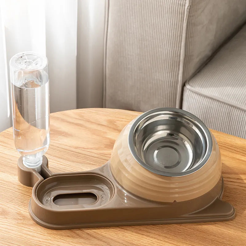 Raised cat feeder bowl with attached water bottle dispenser in green colour