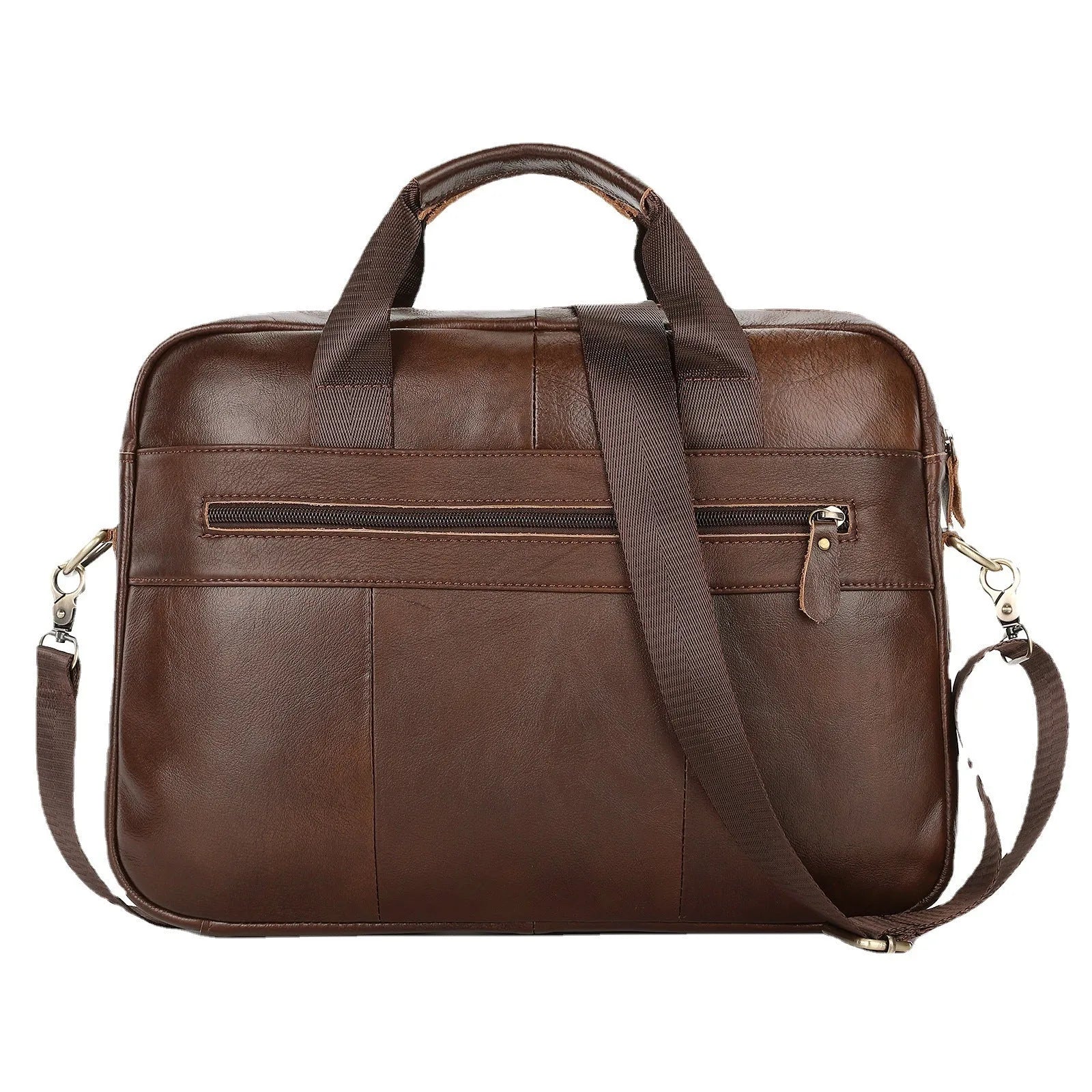 Men's brown cowhide leather cross-body briefcase with zipper front pocket on a neutral background