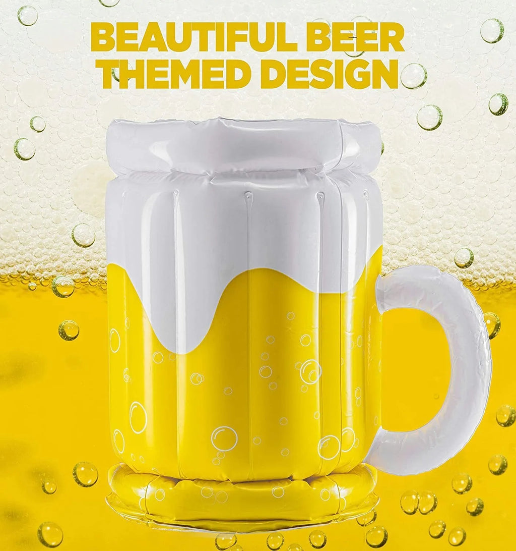 Large yellow inflatable beer mug shaped pool float drink cooler with ice compartment