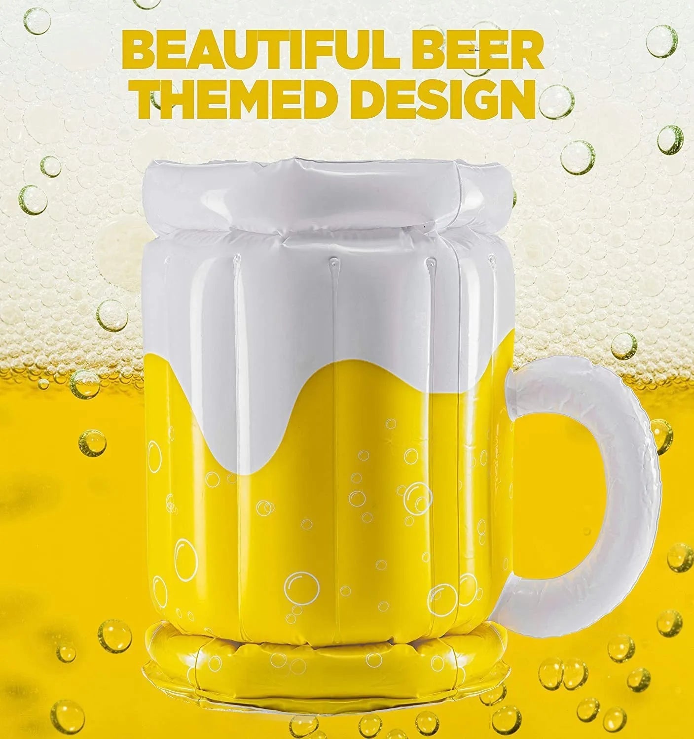 Large yellow inflatable beer mug shaped pool float drink cooler with ice compartment