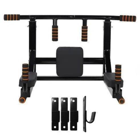 Black wall-mounted fitness equipment with a sandbag rack and single parallel pull-up bars.