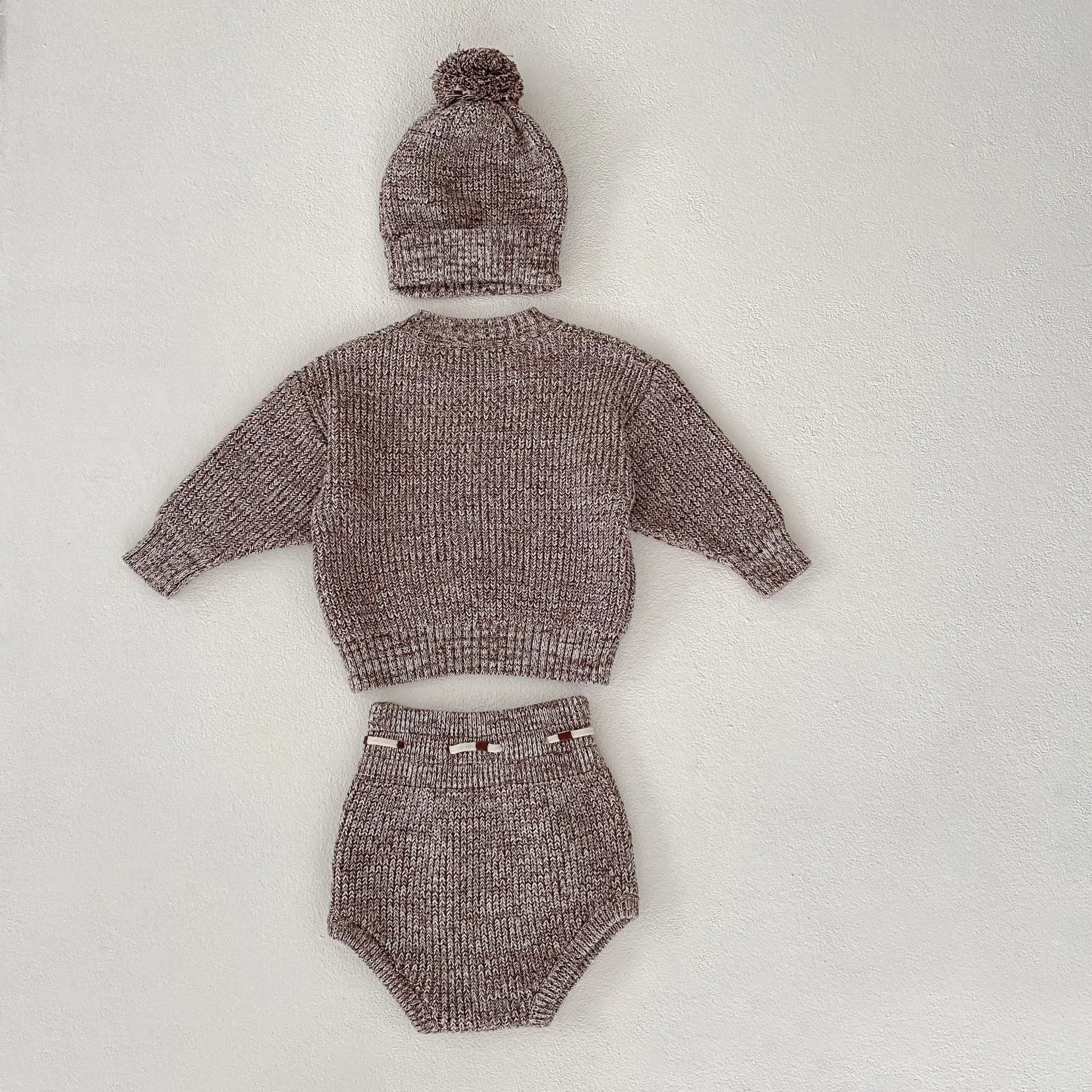 Dark brown cotton knitted three-piece set for infant girl with fur ball hat