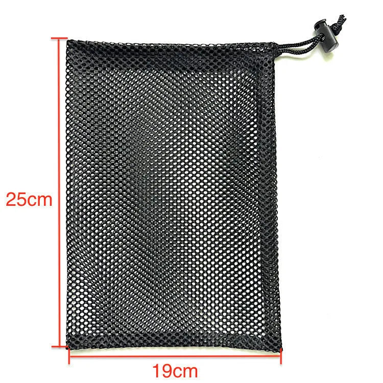 Black mesh drawstring storage bag for children's water balloons and toys.