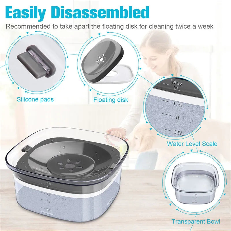 Transparent 70oz dog water bowl with floating disc showing visible water level measurement
