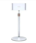 Black lifting metal bracket holding tablet with extended telescopic arm on desktop