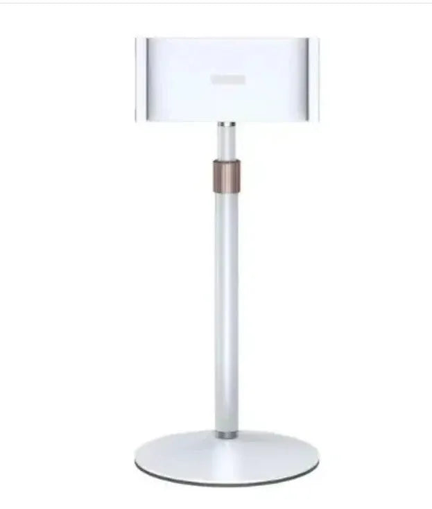 Black lifting metal bracket holding tablet with extended telescopic arm on desktop