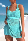 Conservative women's two-piece swimsuit set in solid colour with hollow split design and briefs.