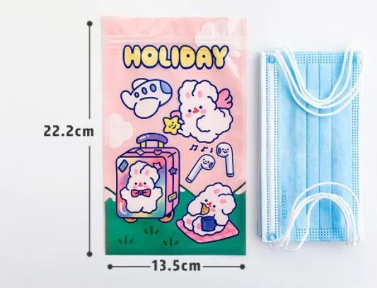 Cute rabbit theme packaging bags in green blue purple pink with four rabbit designs
