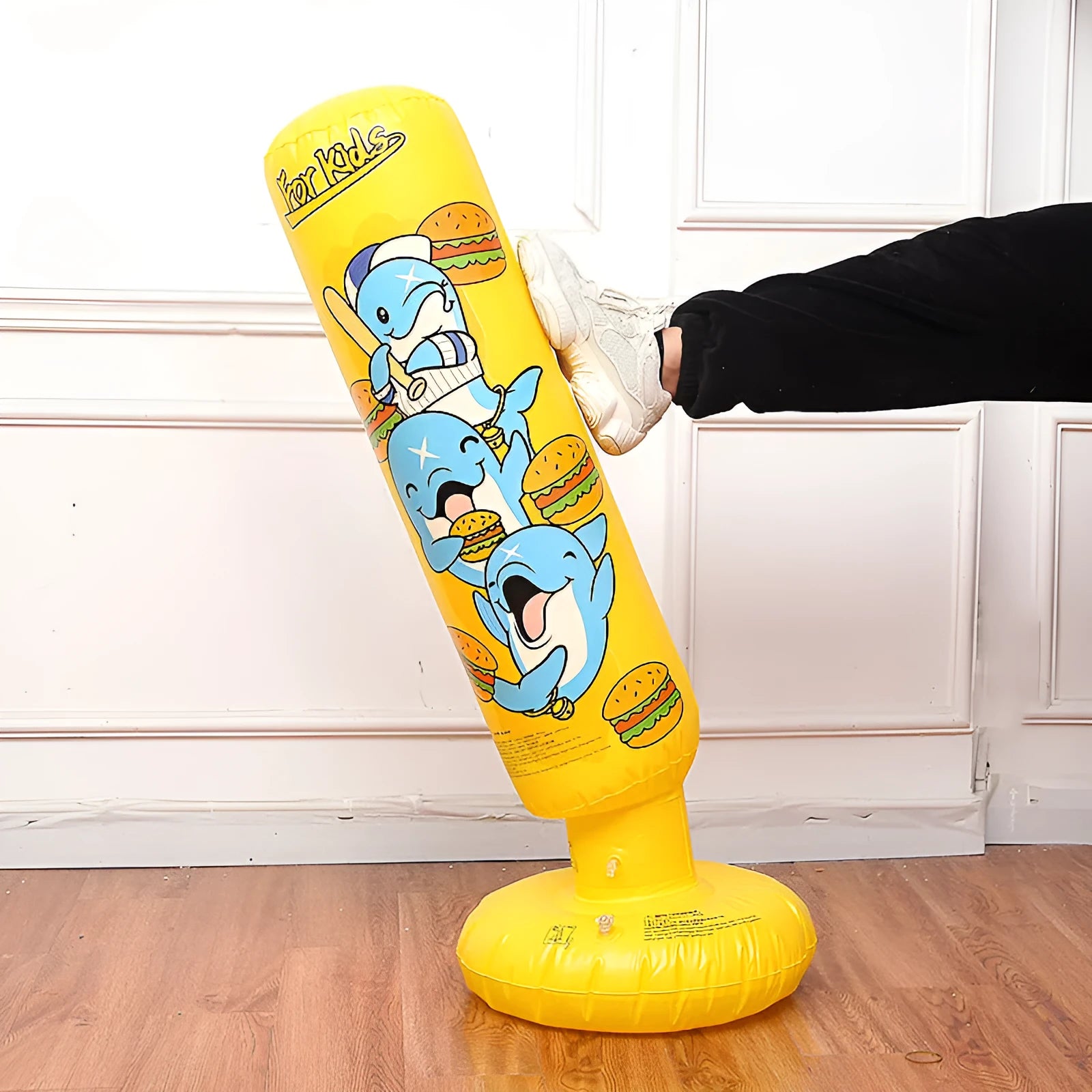 Yellow hamburger patterned inflatable boxing column, 120cm tall PVC fitness tumbler for home training