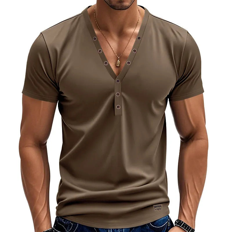 Men's loose fitting solid colour V-neck pullover top with button detail on the collar.