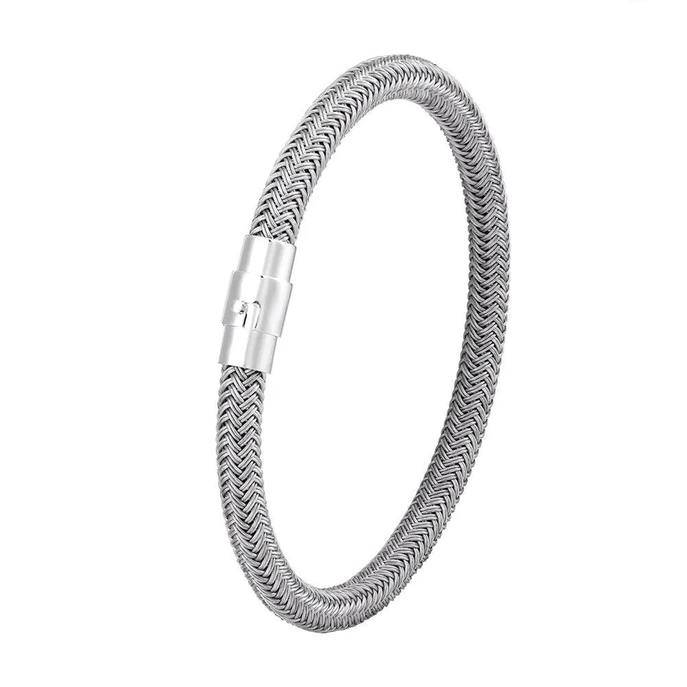Men's titanium steel geometric wire bracelet with a magnetic clasp shown in various colours.