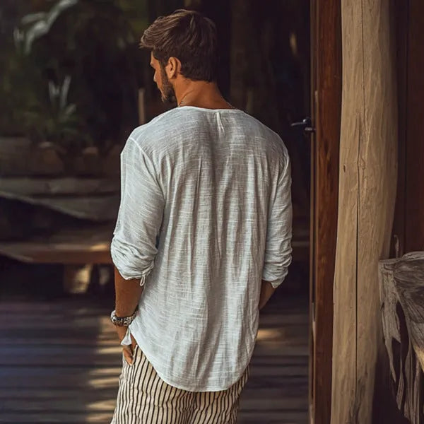 Beige V-neck long-sleeved slim fit top made from hemp blend polyester fabric