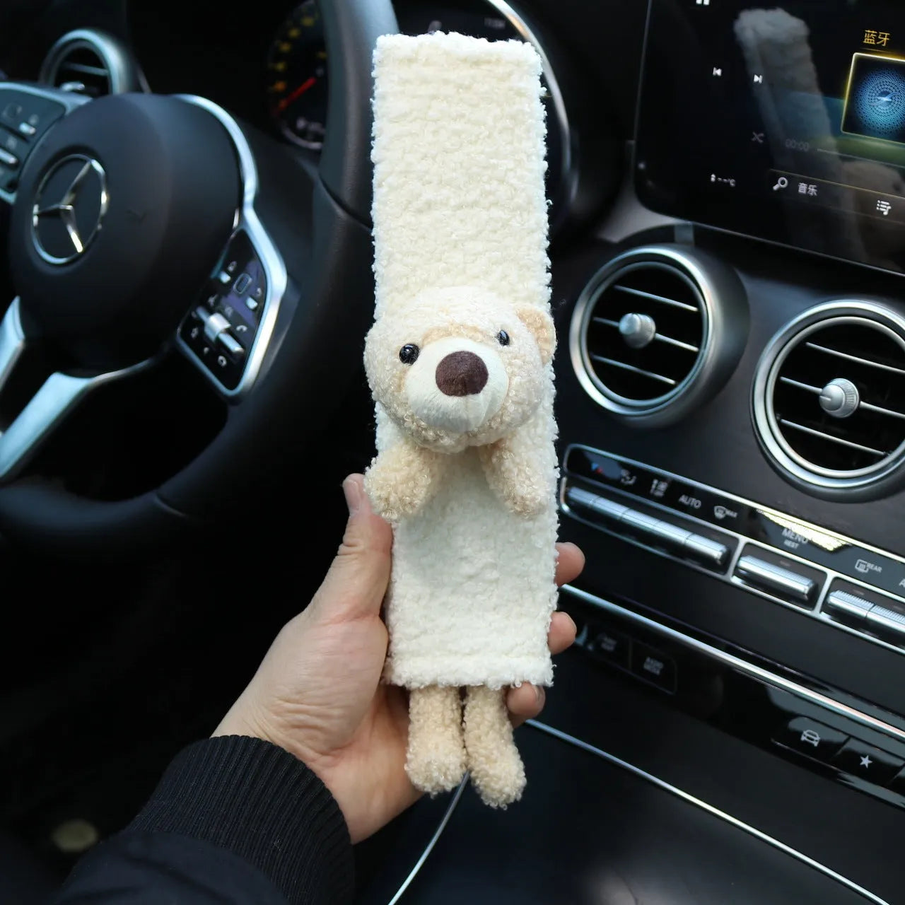 Cartoon plush rabbit and bear design car seat belt shoulder protector made from soft lamb wool.